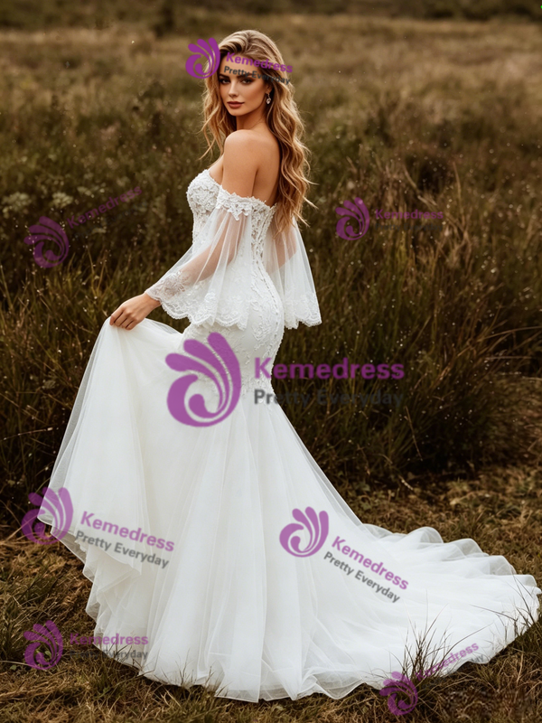 Sexy White Mermaid Tulle Appliques Wedding Dress