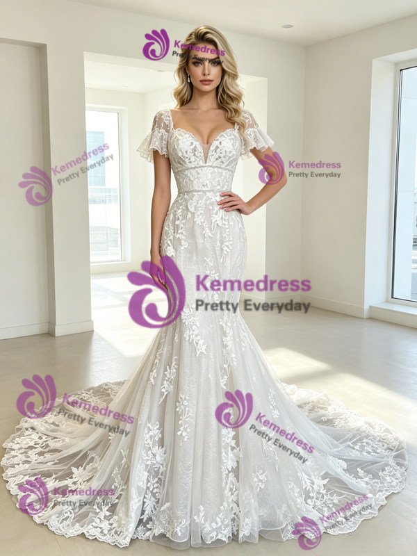 White Mermaid Tulle Appliques Long Sleeve Wedding Dress