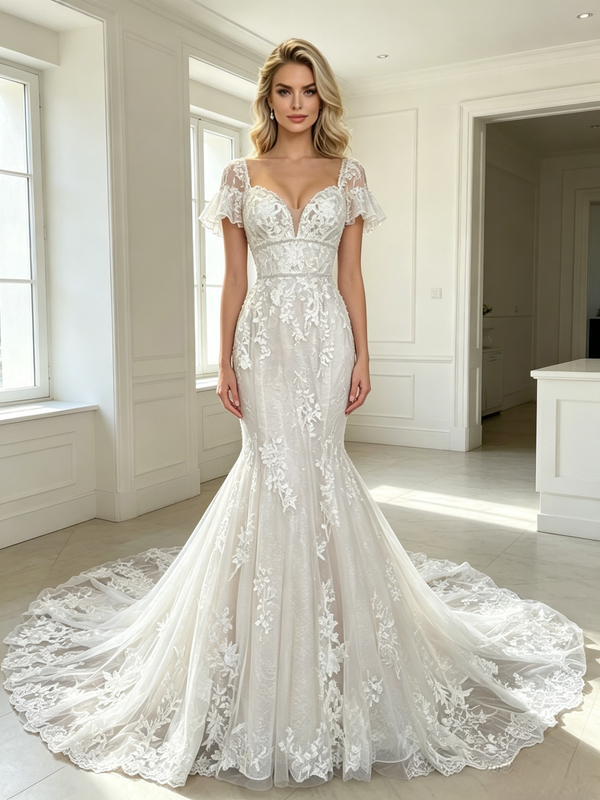 White Mermaid Tulle Appliques Long Sleeve Wedding Dress