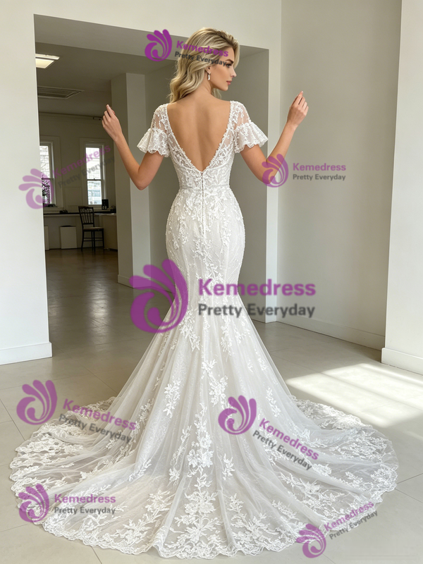 White Mermaid Tulle Appliques Long Sleeve Wedding Dress