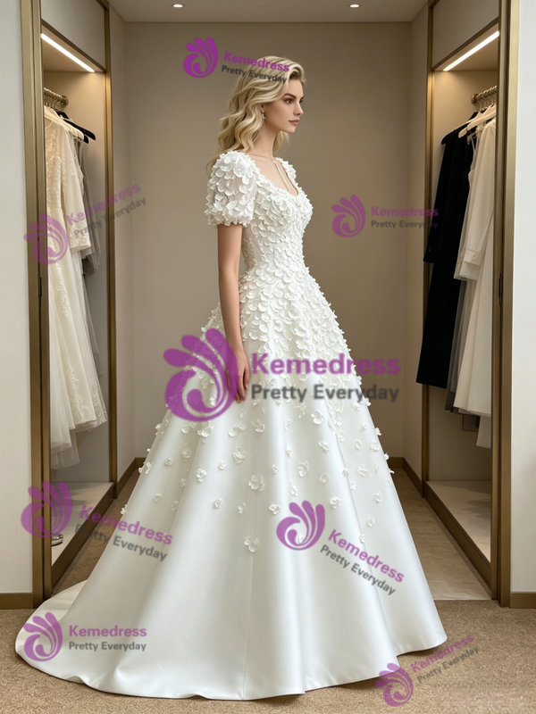 White Satin Puff Sleeve Flower Wedding Dress