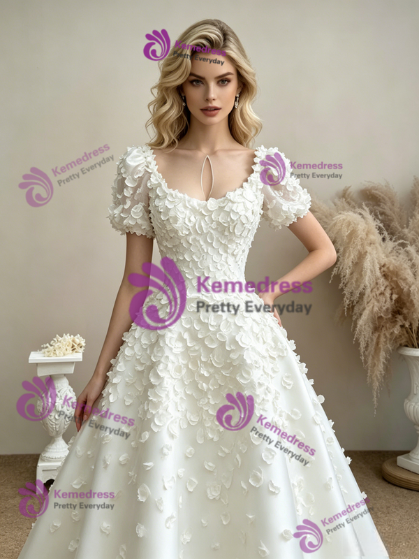 White Satin Puff Sleeve Flower Wedding Dress