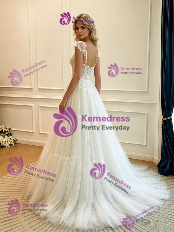 A-Line White Tulle Straps Lace Wedding Dress