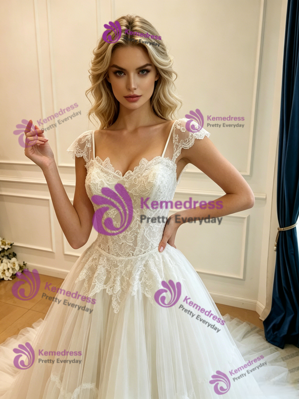 A-Line White Tulle Straps Lace Wedding Dress