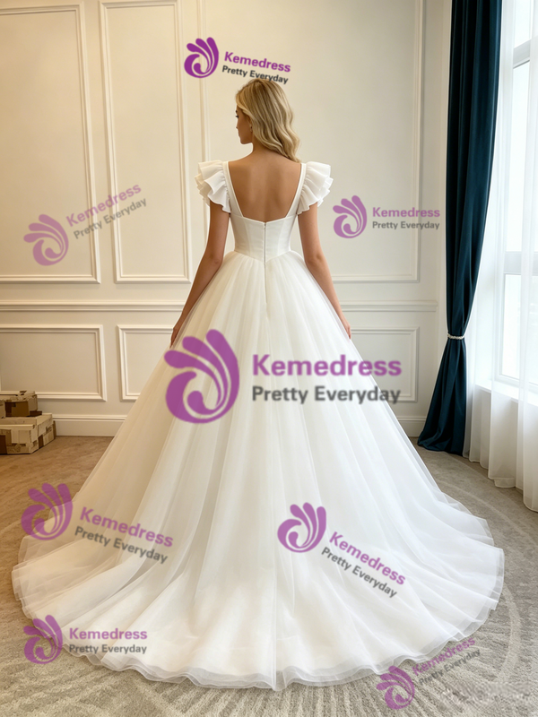 Simple White Tulle Straps Wedding Dress