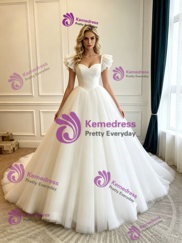 Simple White Tulle Straps Wedding Dress