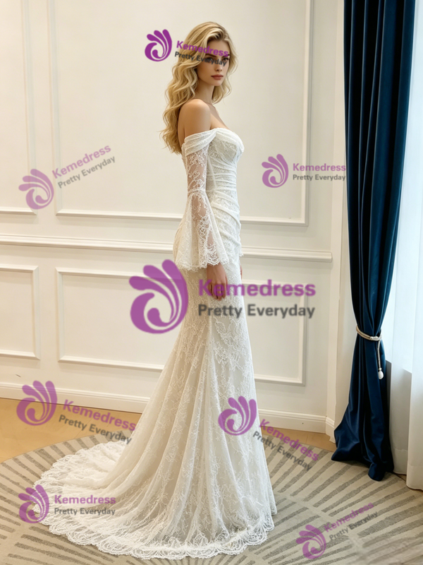 White Mermaid Long Sleeve Lace Pleats Wedding Dress