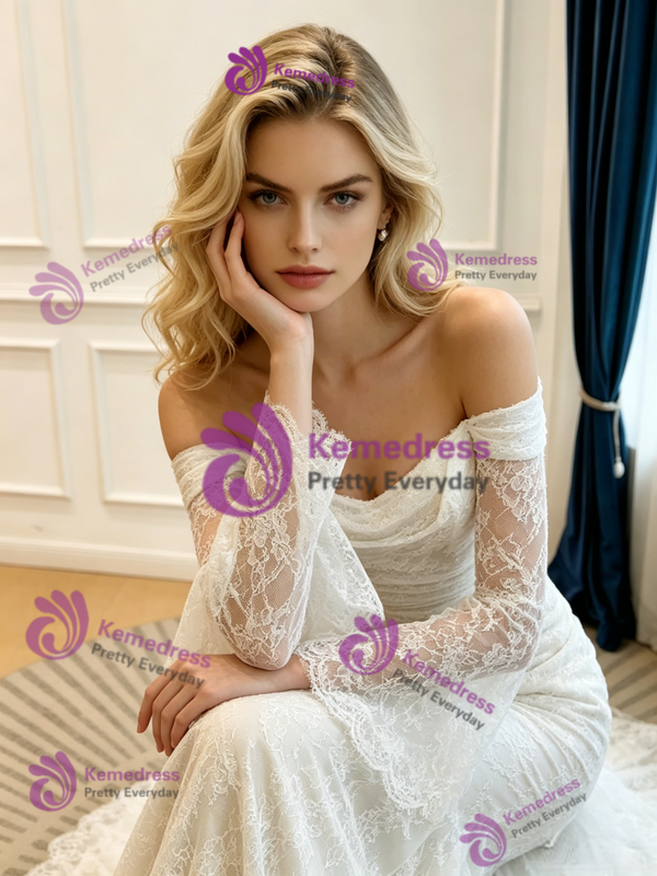 White Mermaid Long Sleeve Lace Pleats Wedding Dress