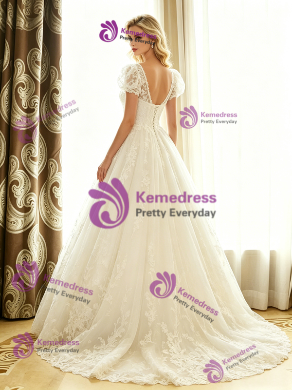 White Tulle Lace V-Neck Cap Sleeve Wedding Dress