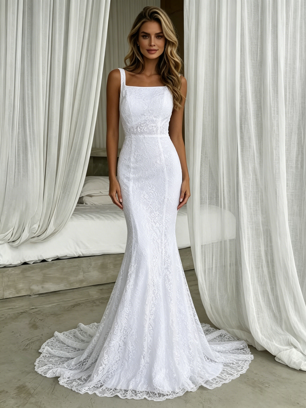 Sexy White Mermaid Lace Straps Wedding Dress