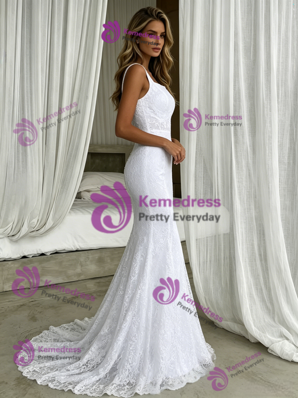 Sexy White Mermaid Lace Straps Wedding Dress