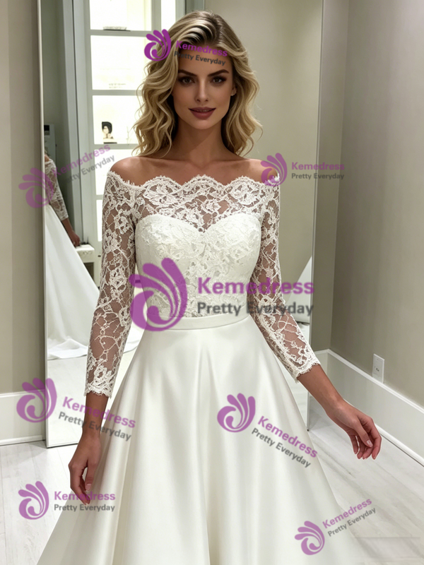 White Satin Lace Off the Shoulder Short Sleeve Wedding Dress