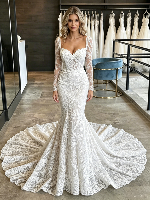 White Mermaid Lace Long Sleve Square Neck Wedding Dress