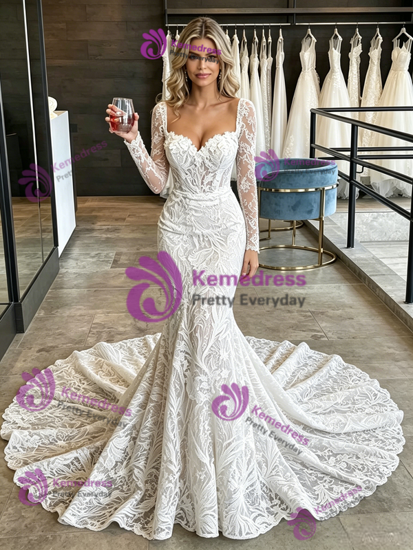 White Mermaid Lace Long Sleve Square Neck Wedding Dress