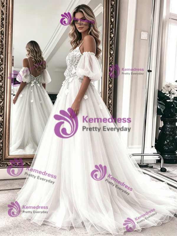 Sexy White Tulle Lace Spaghetti Straps Wedding Dress 