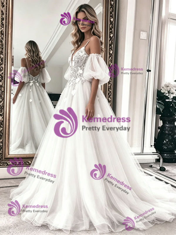 Sexy White Tulle Lace Spaghetti Straps Wedding Dress 