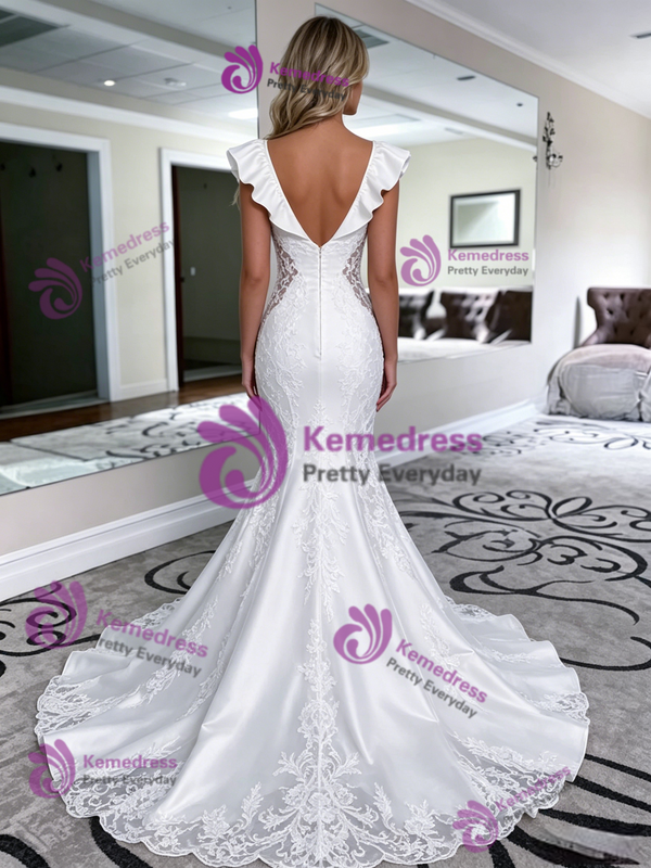 White Mermaid Satin V-Neck Appliques Wedding Dress