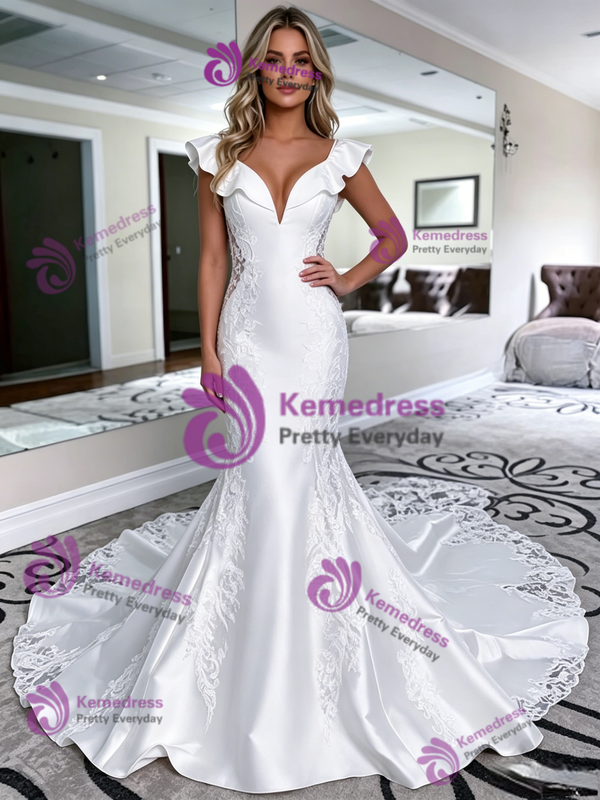 White Mermaid Satin V-Neck Appliques Wedding Dress
