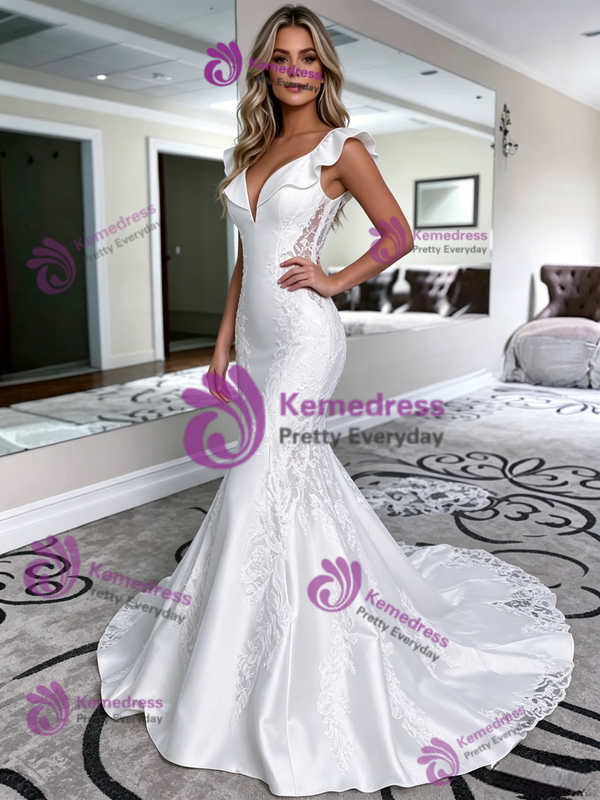 White Mermaid Satin V-Neck Appliques Wedding Dress