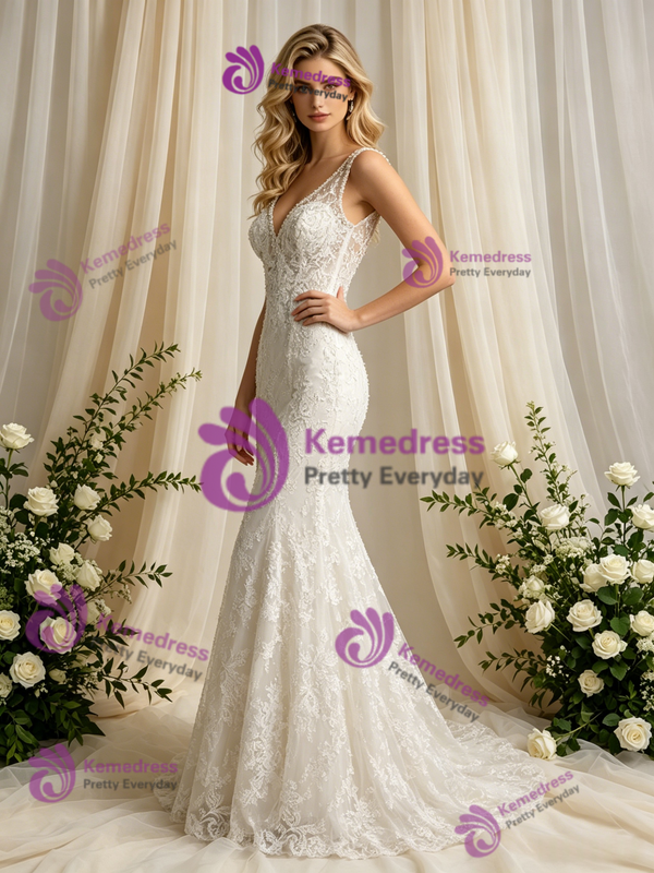 Sexy Beige White Mermaid Tulle Lace V-Neck Wedding Dress