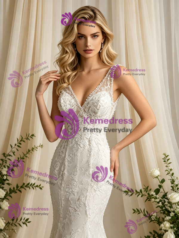 Sexy Beige White Mermaid Tulle Lace V-Neck Wedding Dress