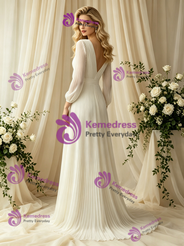 Ivory White Long Sleeve V-Neck Pleats Wedding Dress