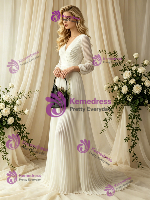 Ivory White Long Sleeve V-Neck Pleats Wedding Dress