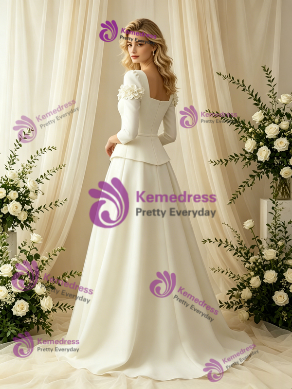 Ivory Long Sleeve Satin Flower Wedding Dress