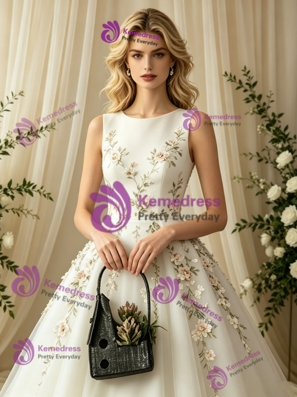 White Tulle Scoop Neck Appliques Wedding Dress