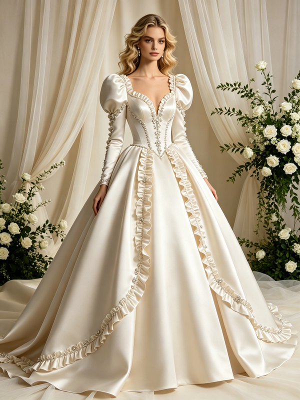 Vintage Ivory Satin Long Sleeve Beading Wedding Dress
