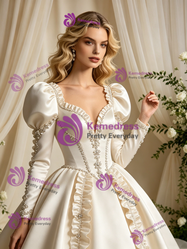 Vintage Ivory Satin Long Sleeve Beading Wedding Dress