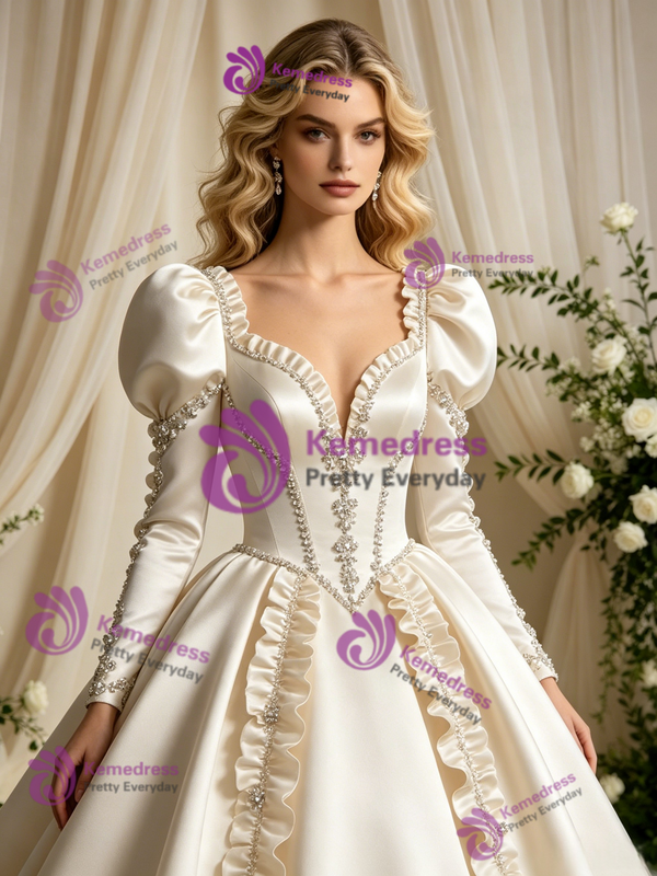 Vintage Ivory Satin Long Sleeve Beading Wedding Dress