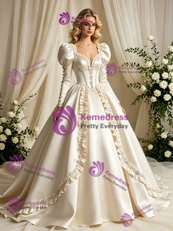 Vintage Ivory Satin Long Sleeve Beading Wedding Dress