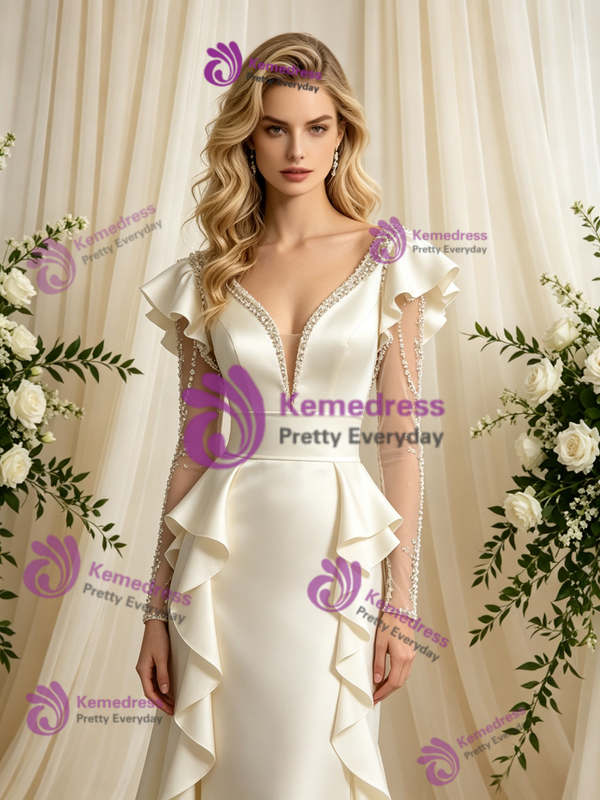 Ivory Satin Long Sleeve Beading Wedding Dress