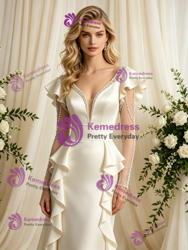 Ivory Satin Long Sleeve Beading Wedding Dress