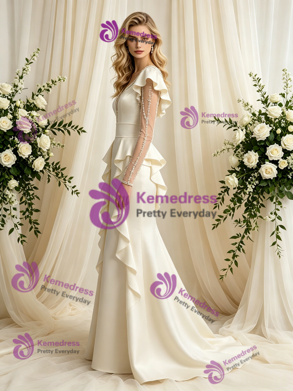 Ivory Satin Long Sleeve Beading Wedding Dress