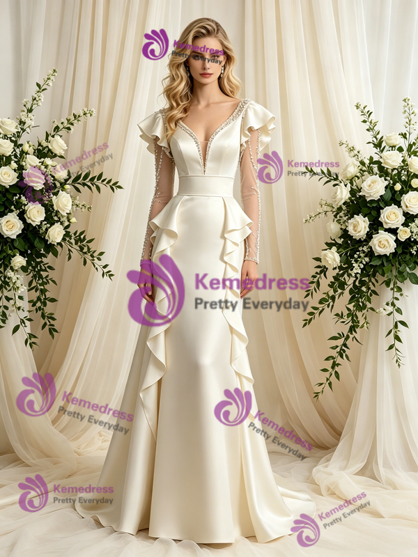 Ivory Satin Long Sleeve Beading Wedding Dress
