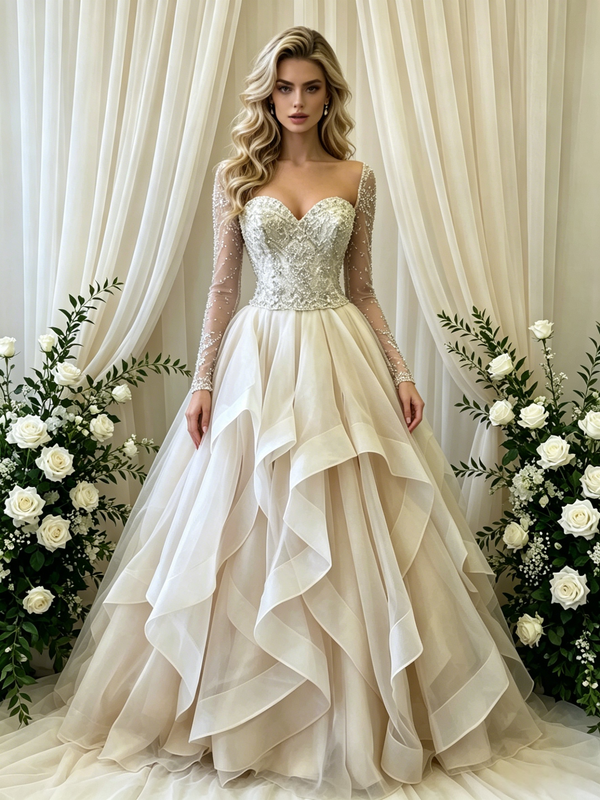 Ivory Tulle Long Sleeve Beading Wedding Dress