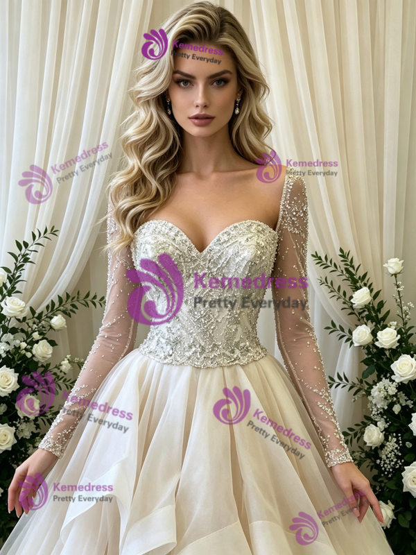 Ivory Tulle Long Sleeve Beading Wedding Dress