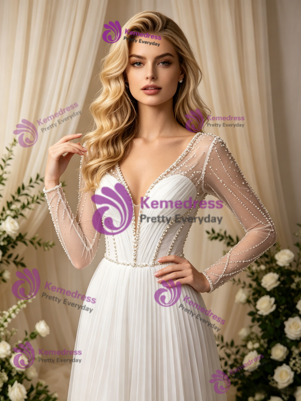 Long Sleeve V-Neck Backless Pleats Beading Wedding Dress