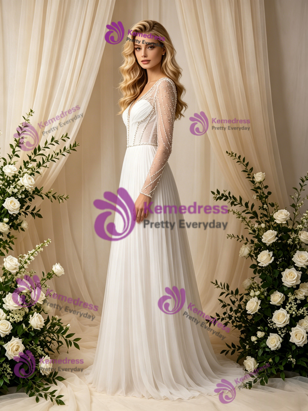 Long Sleeve V-Neck Backless Pleats Beading Wedding Dress
