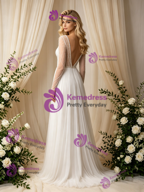 Long Sleeve V-Neck Backless Pleats Beading Wedding Dress
