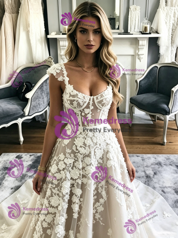 A-Line Tulle Lace Appliques Straps Wedding Dress