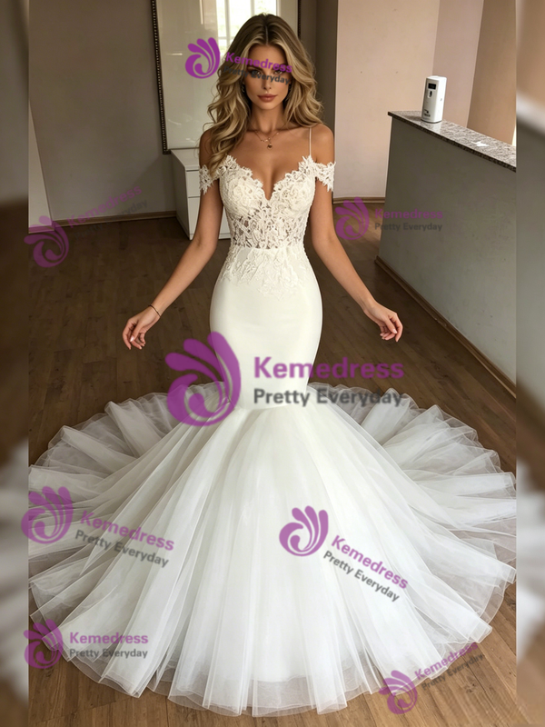 White Mermaid Tulle Spaghetti Straps Lace Wedding Dress