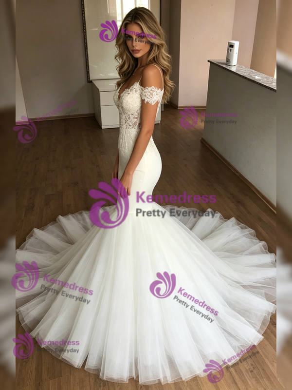 White Mermaid Tulle Spaghetti Straps Lace Wedding Dress