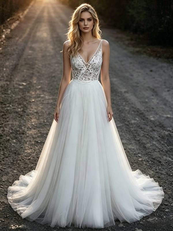 A-Line White Tulle Lace V-Neck Wedding Dress