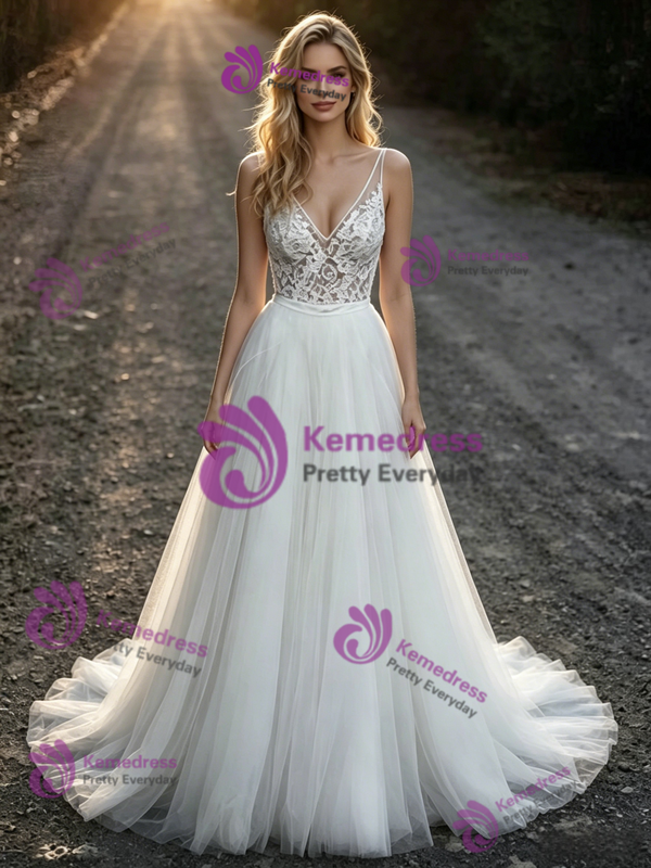 A-Line White Tulle Lace V-Neck Wedding Dress