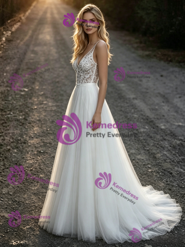 A-Line White Tulle Lace V-Neck Wedding Dress