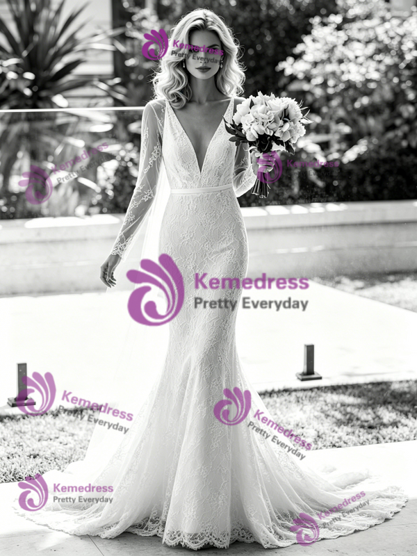 White Mermaid V-Neck Long Sleeve Wedding Dress