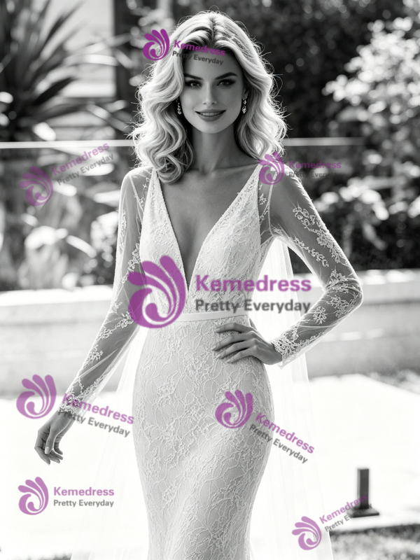 White Mermaid V-Neck Long Sleeve Wedding Dress